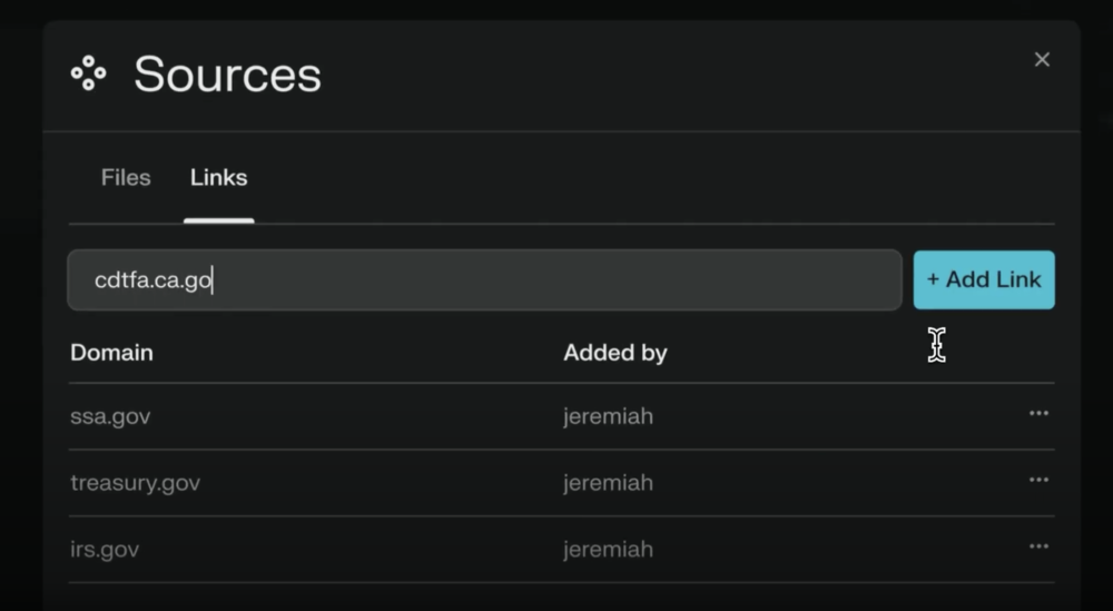 Perplexity AI source manager showing a list of verified government domains added by user for research.