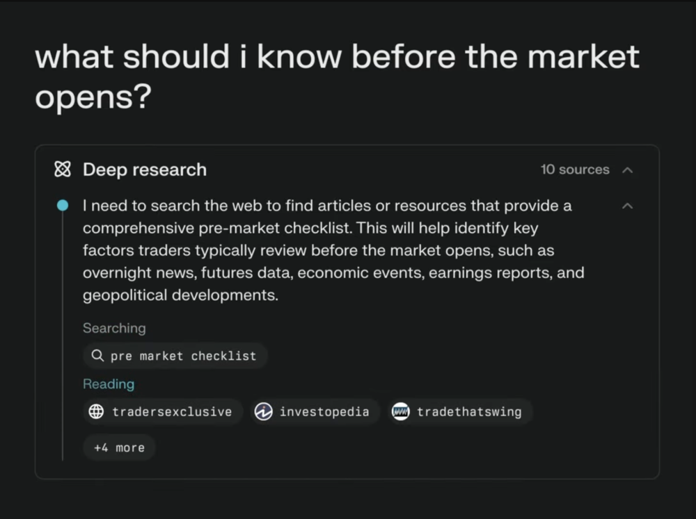 Perplexity AI performing deep research on market open factors with results from financial news sources.