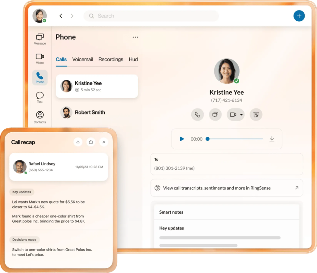 Screenshot of RingCentral’s communication dashboard showing recent calls, voicemail, and call recaps.