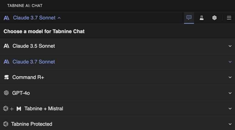 List of Tabnine AI models, with a choice between Claude, Command R+, and ChatGPT.