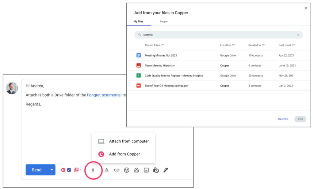 Copper CRM auto-relates Google files to relevant contacts in the CRM.
