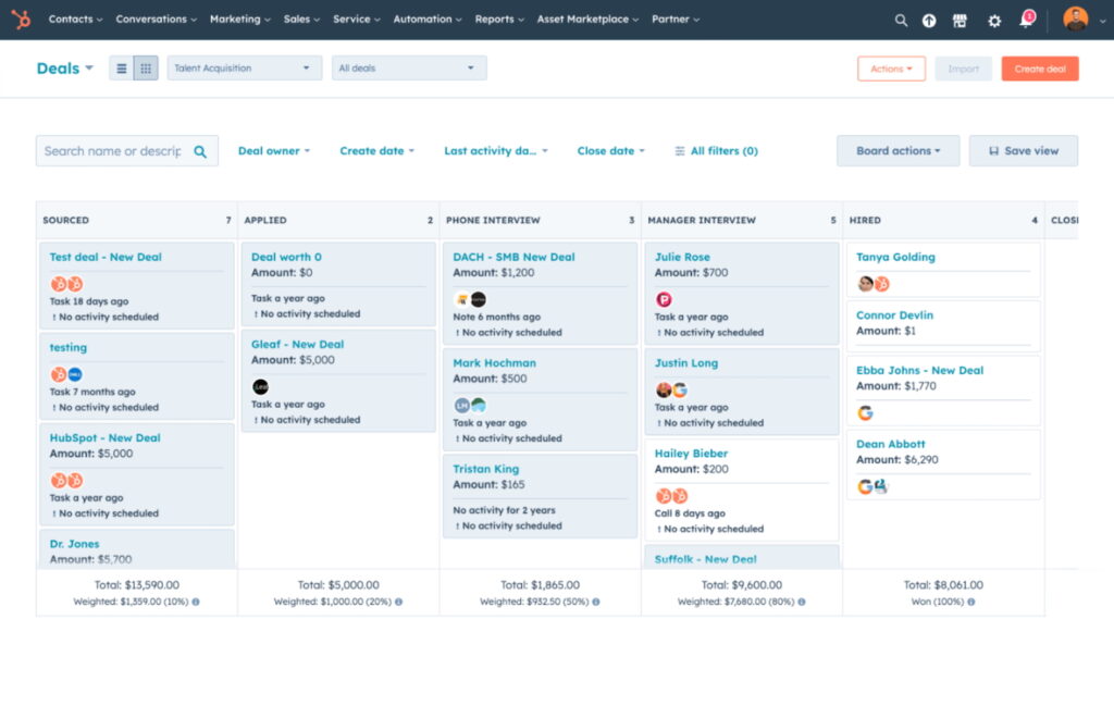 HubSpot CRM sales deal pipeline.