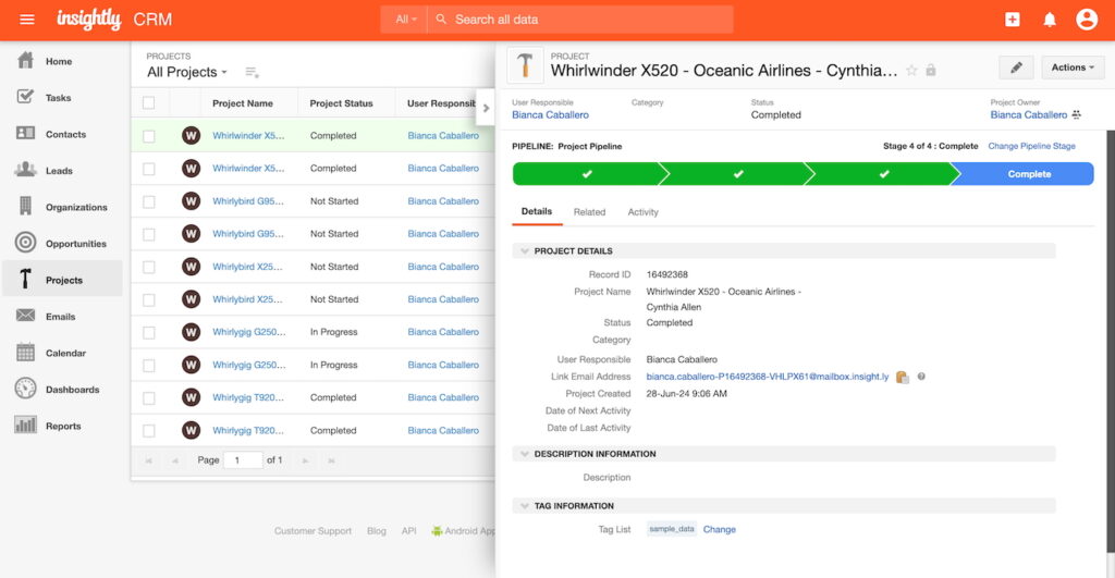 Insightly CRM project pipeline.