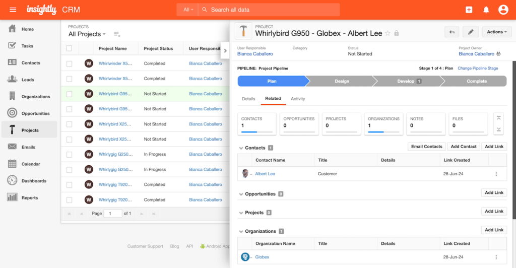 Insightly CRM project pipeline with linked records.