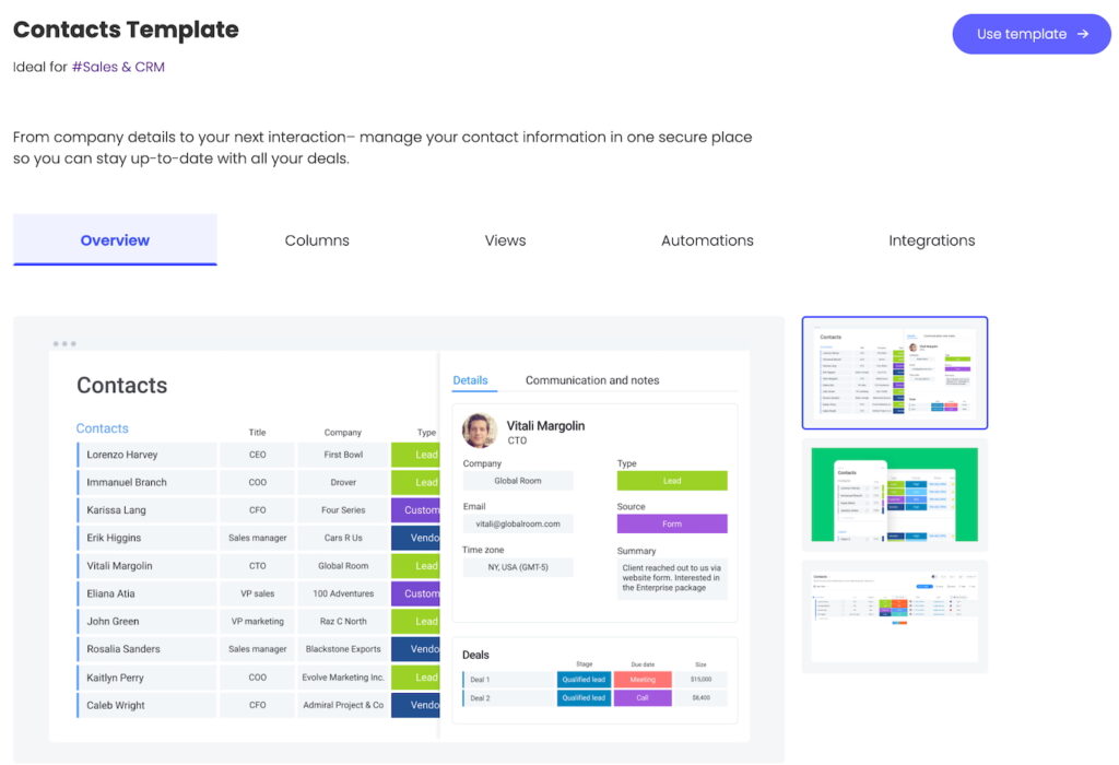 monday CRM sales and CRM contacts template.
