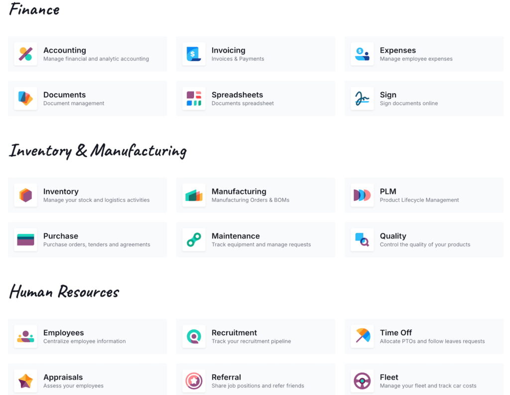 Some of the integrated apps in the Odoo ecosystem.