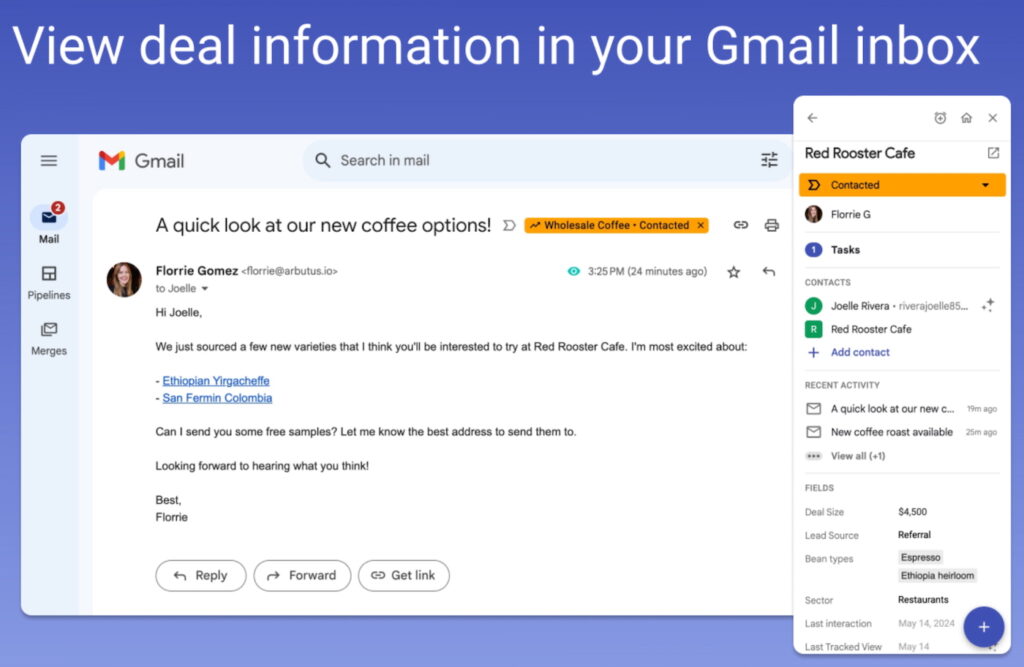 Streak CRM's quick view of deal information.