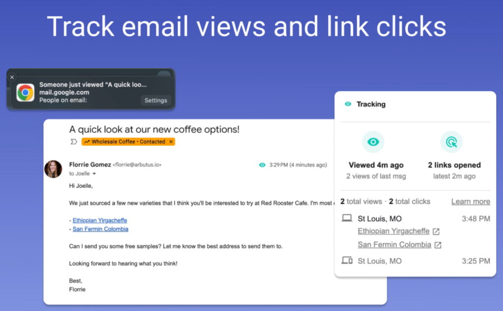 Streak CRM email view and link click tracking.
