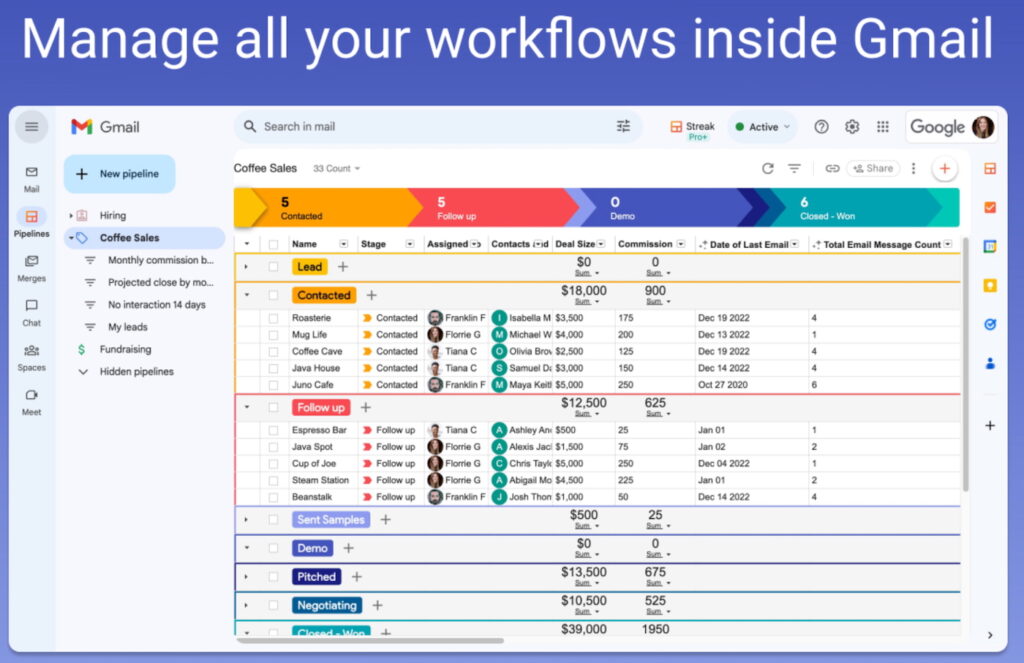 Stream CRM pipeline in Gmail.
