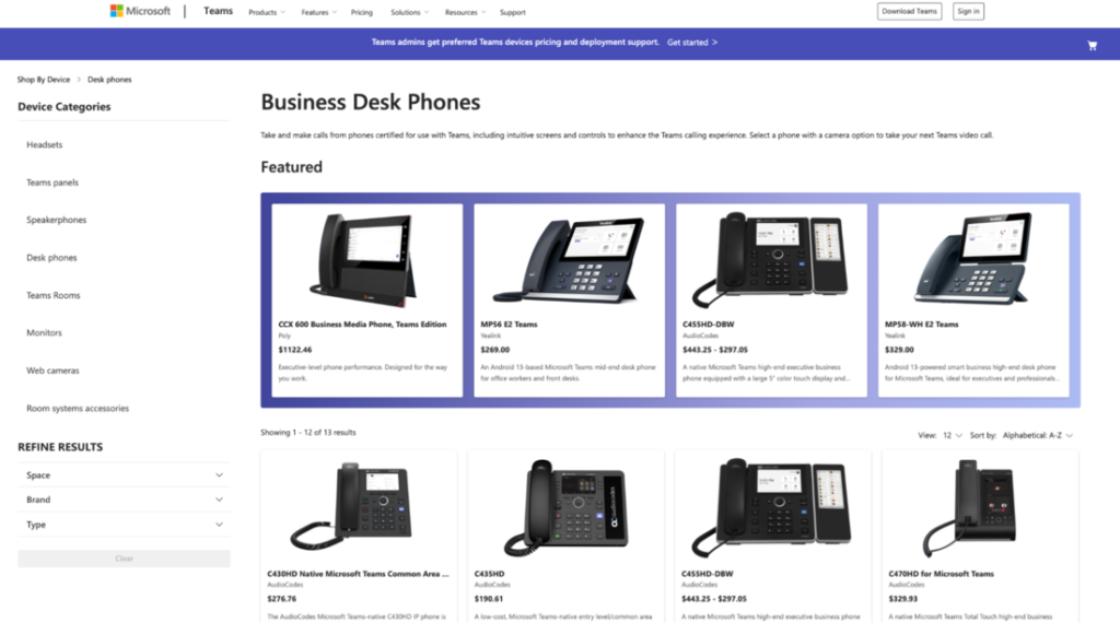 Screenshot of the Microsoft Teams website showing a selection of certified business desk phones.