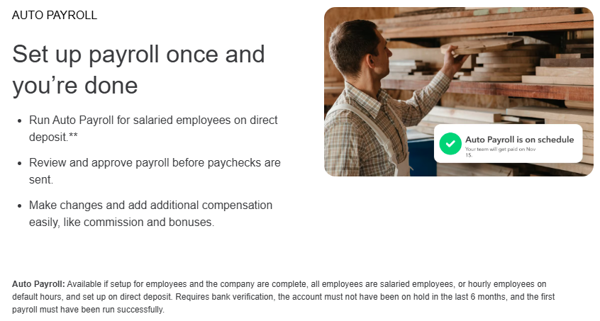 QuickBooks Payroll webpage with information about its automatic pay runs