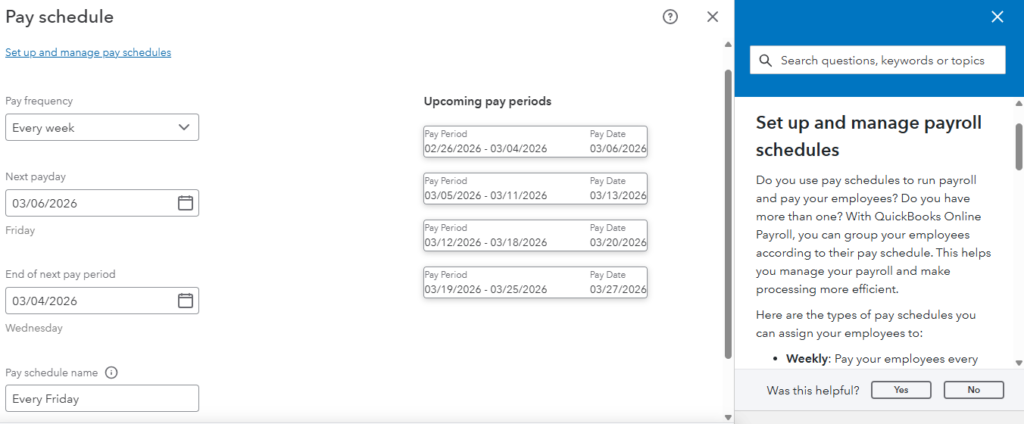 QuickBooks Payroll pay schedule feature with drop-down options for pay periods and paydays
