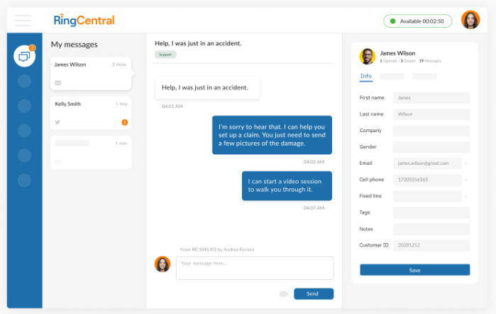 RingCentral messaging platform with interaction between agent and customer.