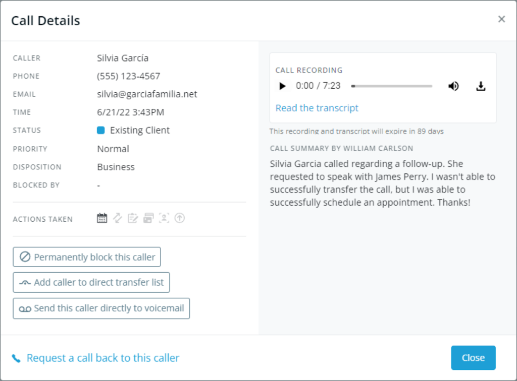 Smith.ai call recording with call details and transcription.