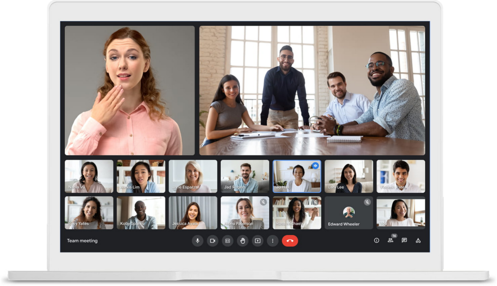 Google Meet's sample meeting interface.