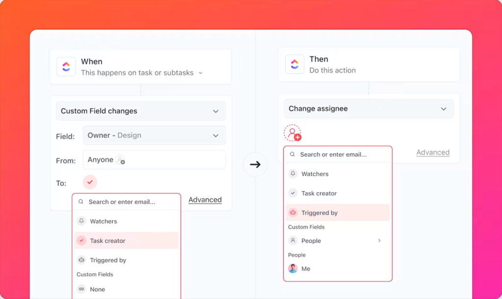 An example of ClickUp's custom automation with dynamic assignees and people fields.