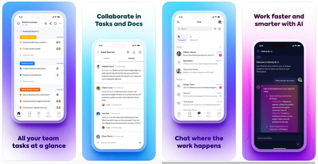 Several iPhone screens showing ClickUp's key capabilities, including document collaboration and AI prompts.