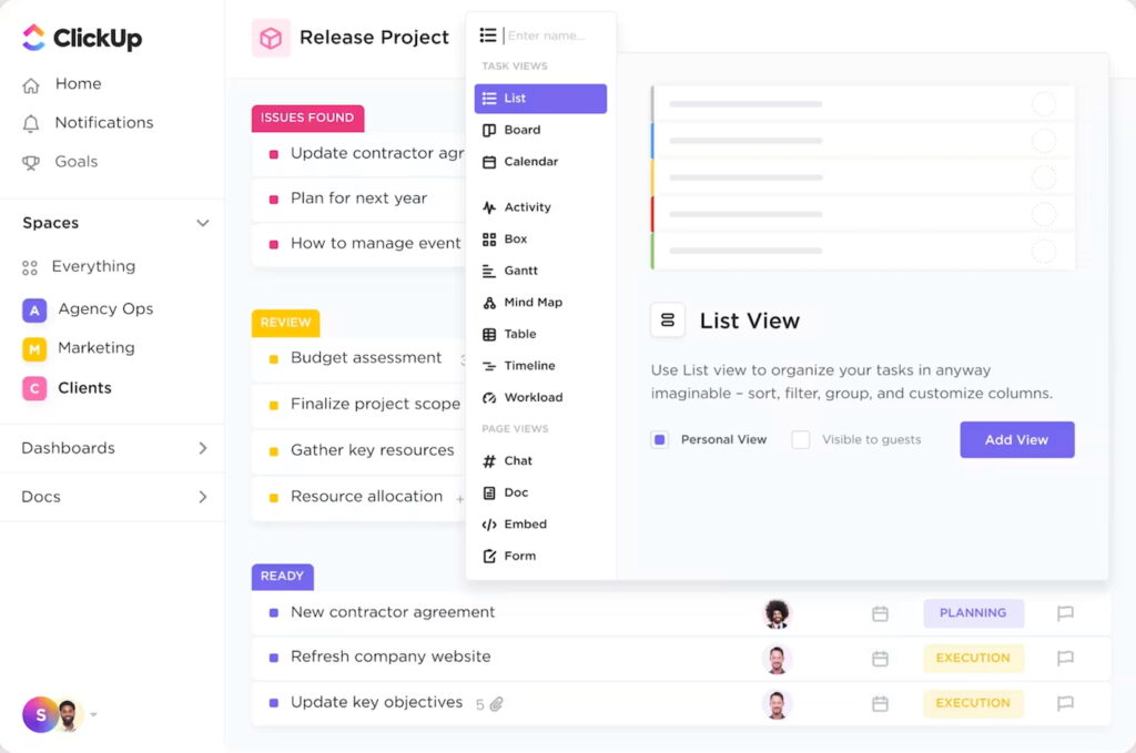 A list view of ClickUp's task management system.