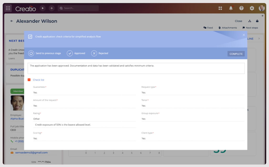 Creatio's loan application underwriting and data verification system.