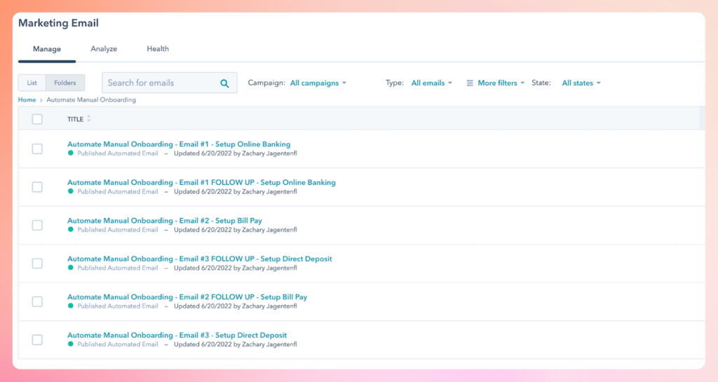HubSpot CRM’s marketing email campaign management tab with list view of automation campaigns.