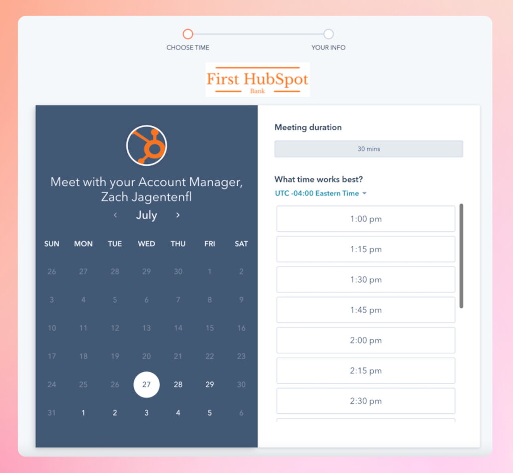 HubSpot CRM's meeting scheduling app with options for meeting time and duration.