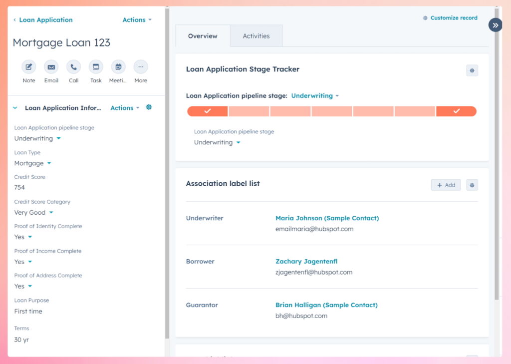 HubSpot CRM's loan application stage tracker with overview of loan details.