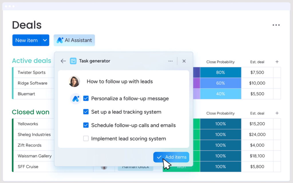 monday CRM's visual deal pipeline with automatic task generator and a checklist of task items.