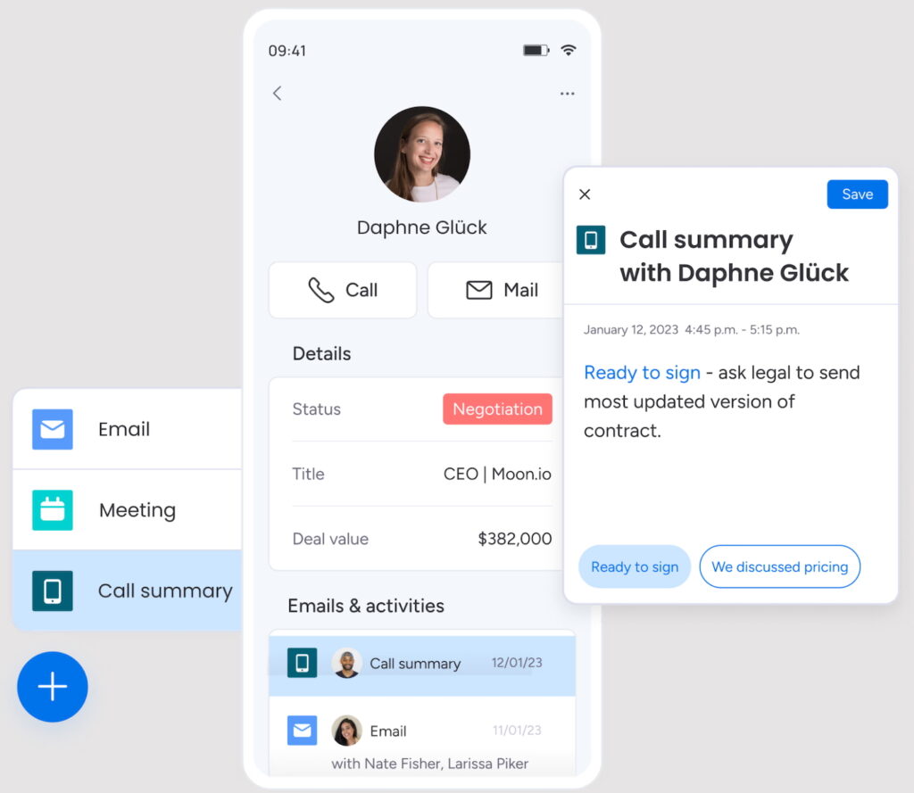 monday CRM's mobile app showing its built-in communication tools for email, meeting, and calls.