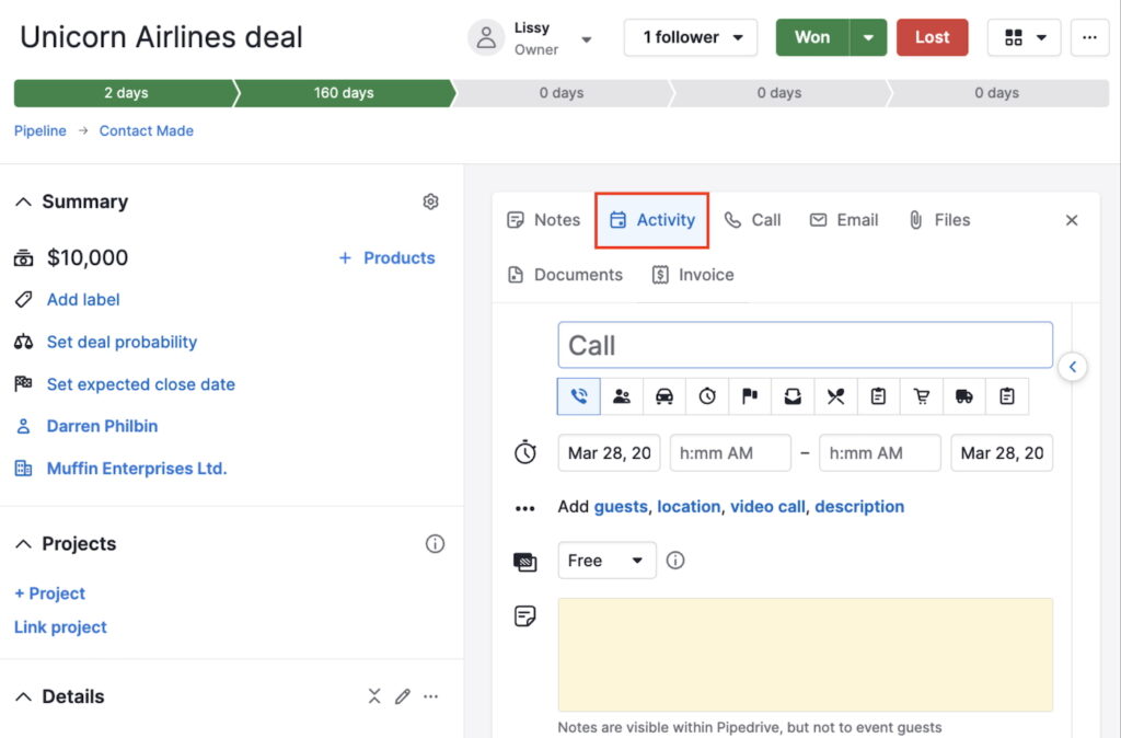 A Kanban view of Pipedrvive's customizable visual deal pipeline with multiple stages.