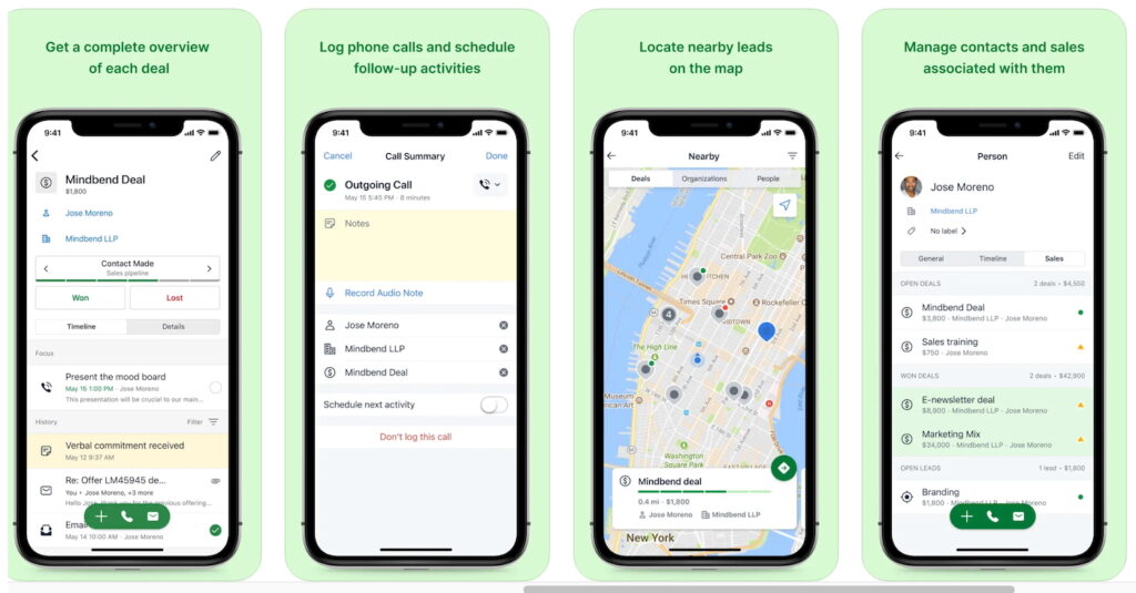 Several iPhone screens showing the Pipedrive mobile app's deal pipeline, call logging, geolocation, and contact management features.