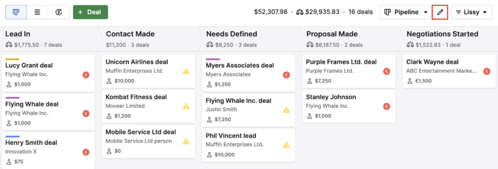 A Kanban view of Pipedrvive's customizable visual deal pipeline with multiple stages.