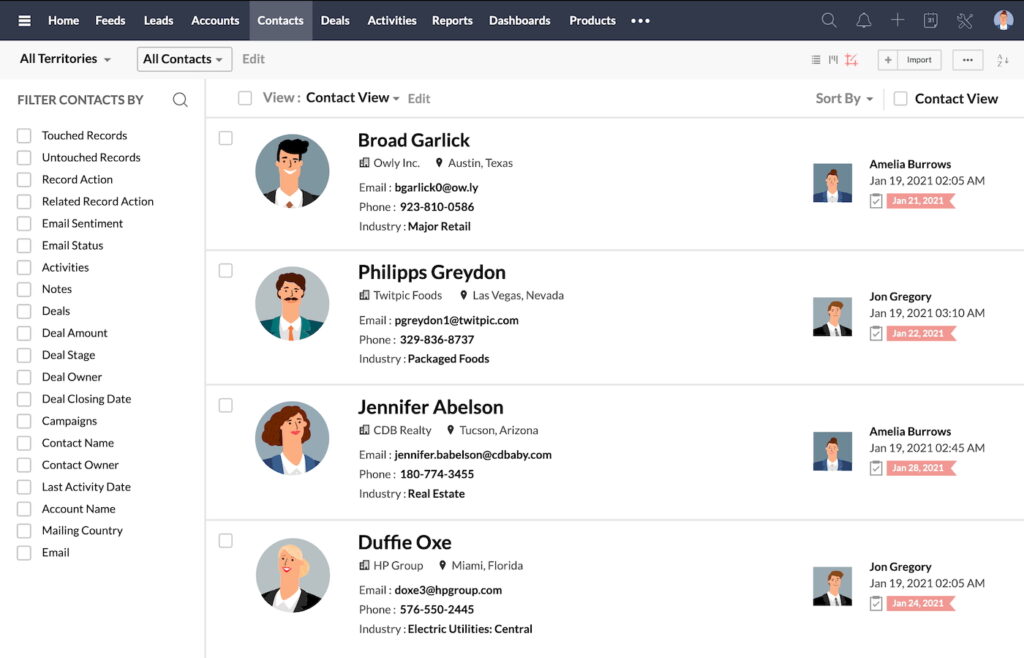 An example of Zoho CRM's contact management tab with several filter options.