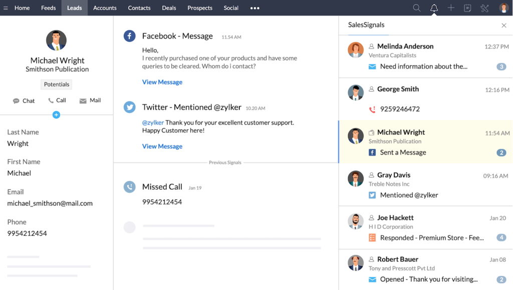 Zoho CRM’s lead profile with omnichannel communication options.