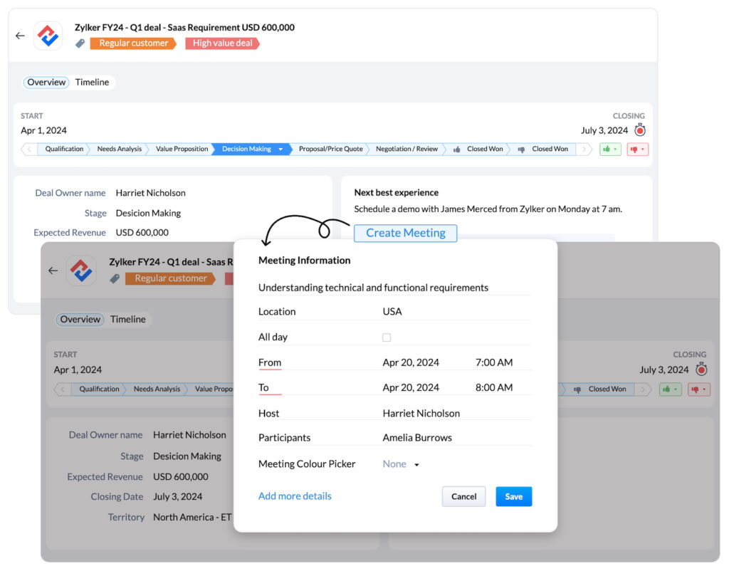 An example of Zoho CRM's AI-powered suggested next best experience via Zia AI.