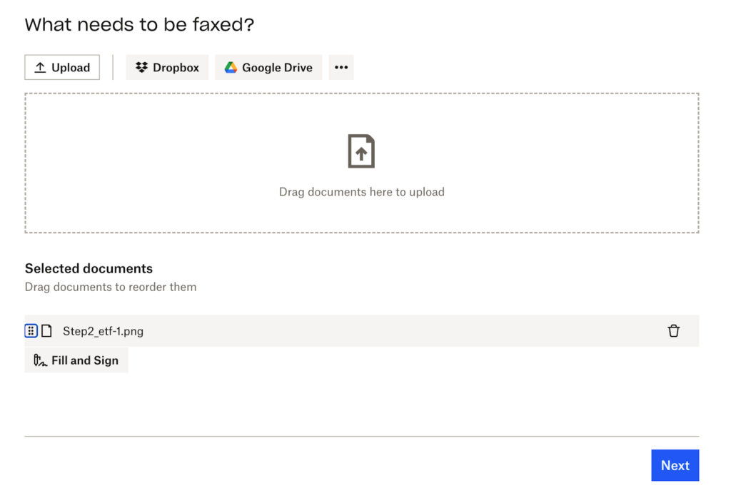 Dropbox Fax upload screen with options to add files from computer, Dropbox, or Google Drive and drag-and-drop support.