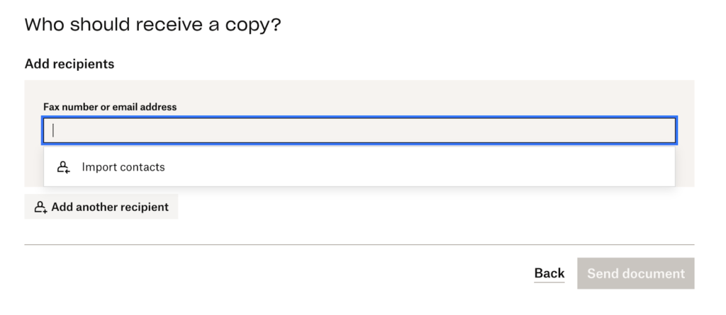 Dropbox Fax recipient entry screen for fax numbers or email addresses.