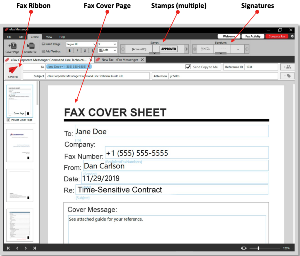 eFax Messenger interface showing fax cover sheet editor with ribbon tools, stamps, and digital signature options.