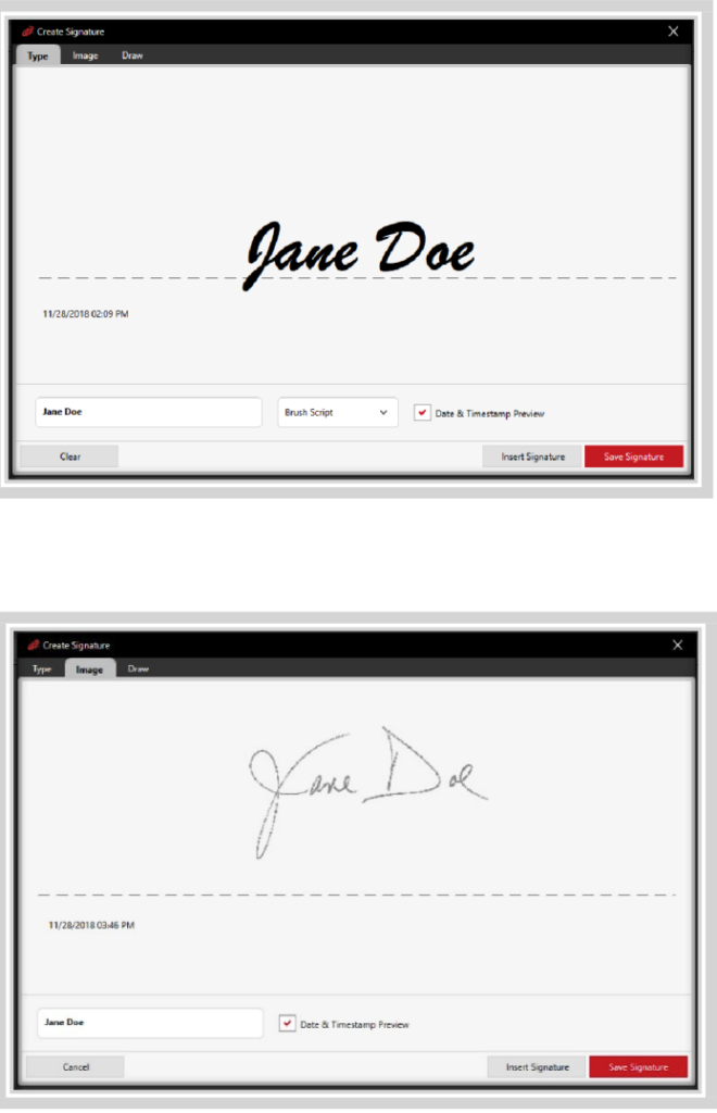 Create Signature window in eFax Messenger with typed and image signature options.