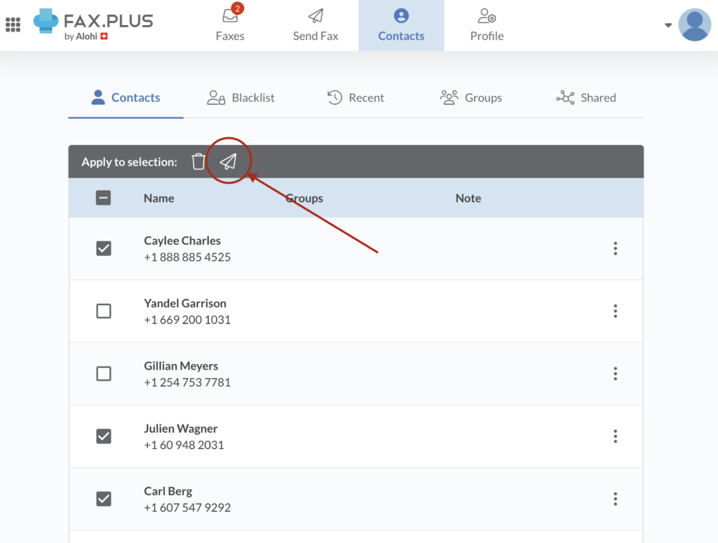 Fax.Plus contact manager with bulk send icon selected, allowing users to fax multiple contacts from a shared list.