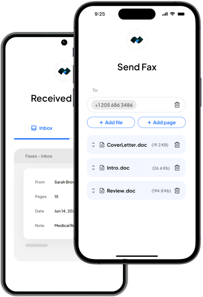 The Fax.Plus mobile app interface showing send and receive fax screens, with options to attach multiple documents and preview received faxes.