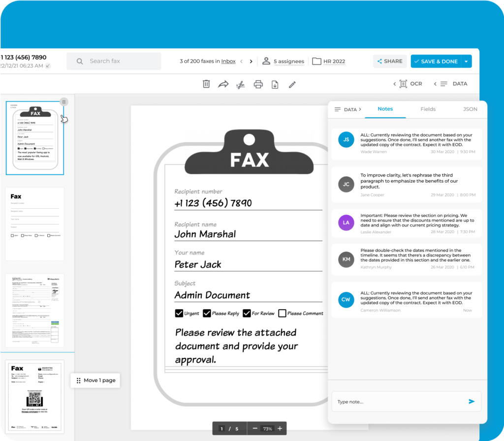 Fax document interface with threaded team comments and review notes, showing a digital preview and markup of an outgoing fax.