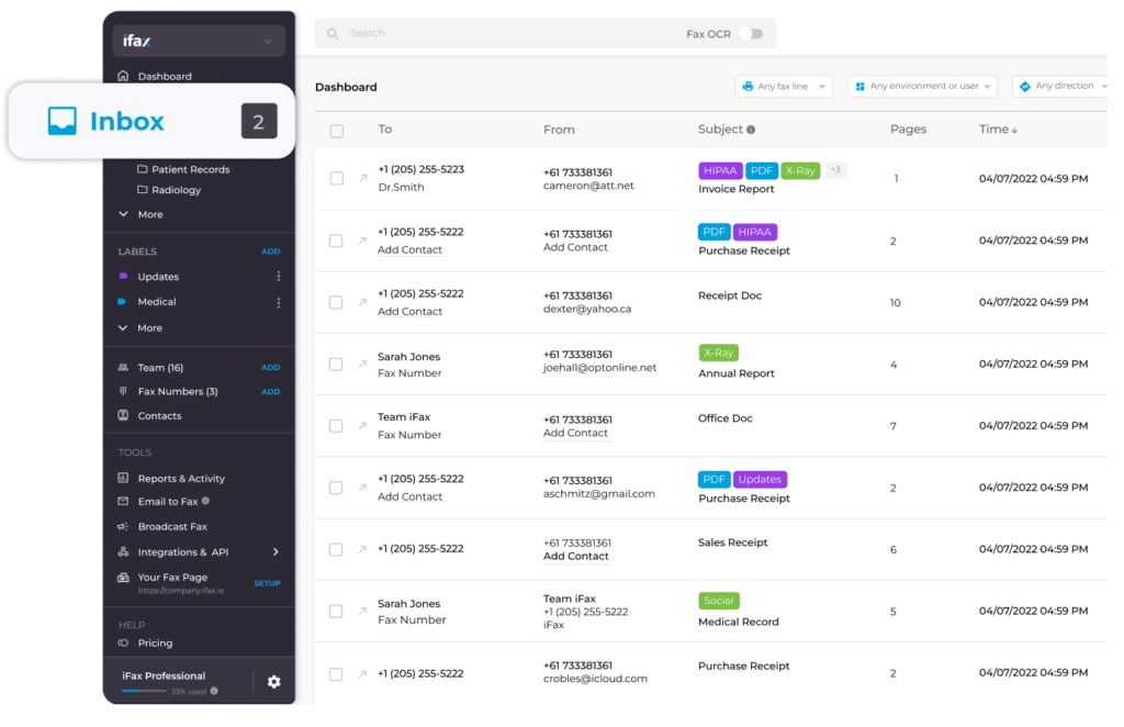 iFax dashboard displaying an inbox of HIPAA-compliant faxes with searchable records, PDF previews, and categorized tags for medical and admin use.