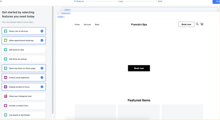 Website builder interface for Francie’s Spa showing selected homepage features and a booking preview.