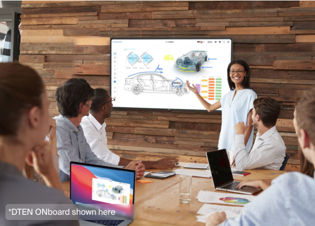 Meeting with presenter sharing information on the Zoom enabled DTEN ONboard digital whiteboard.