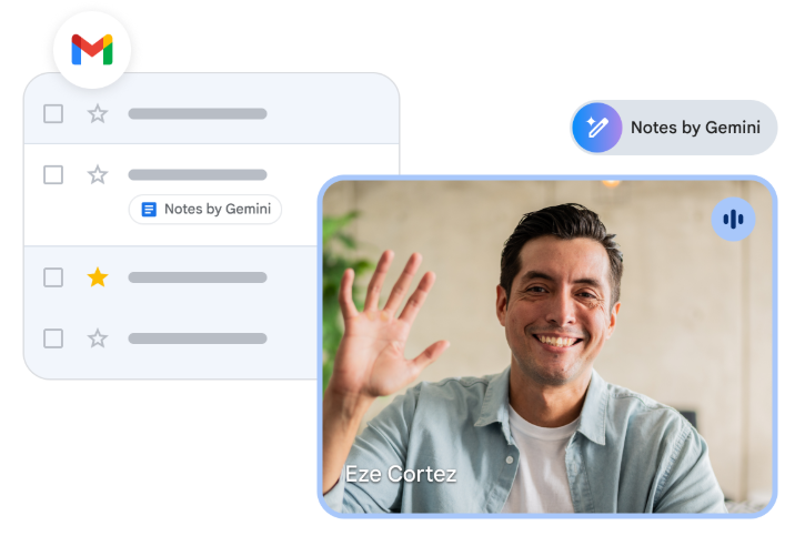 Video conferencing screen with notes and a Google document generated by Gemini.