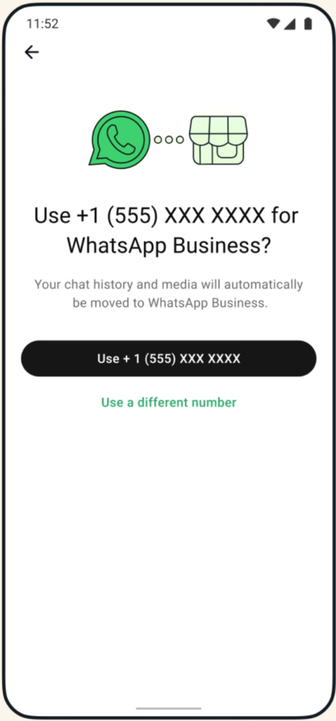 WhatsApp prompt to convert a phone number to a business account.