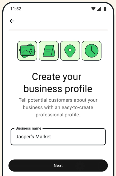 WhatsApp Business screen prompting the user to create a business profile with a form field for business name.