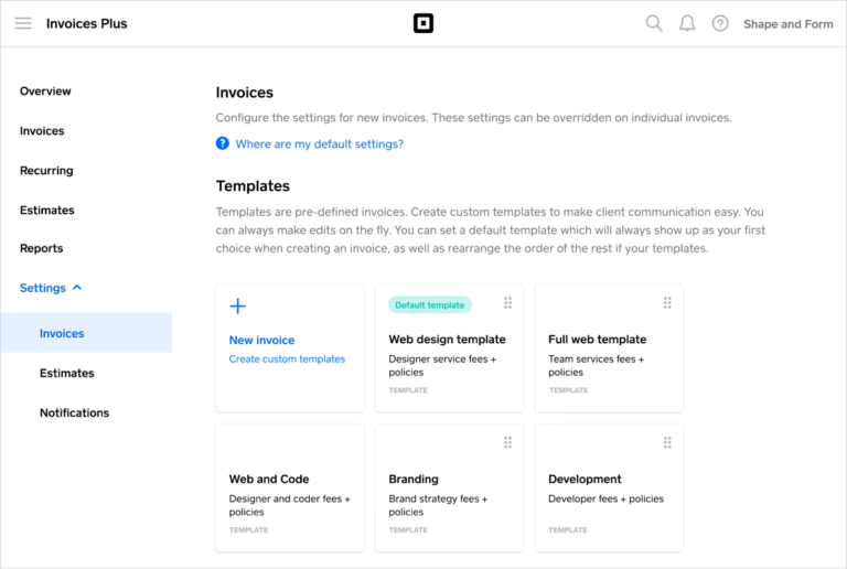 Invoice settings screen with customizable templates for different service types and default template selected.