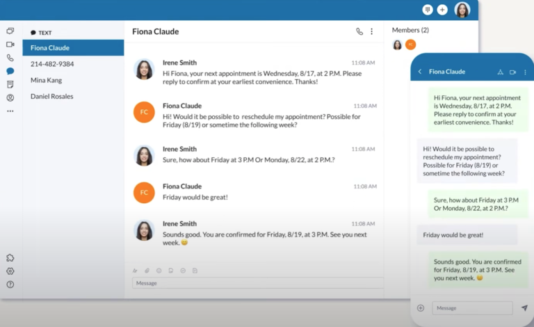 RingCentral interface showing a text message conversation between a business and a customer confirming an appointment, with user list and chat history displayed.