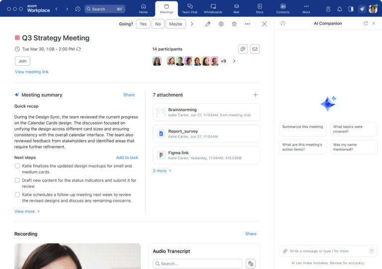 Zoom Meetings interface with AI Companion options to summarize the meeting or identify key action items.